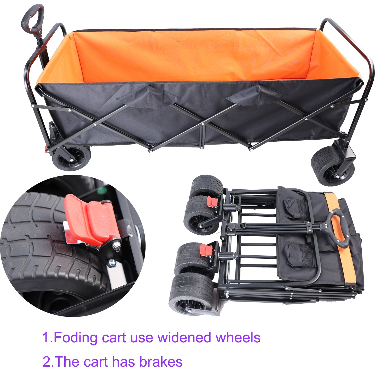 Black folding wagon with orange interior and wide wheels perfect for outdoor use