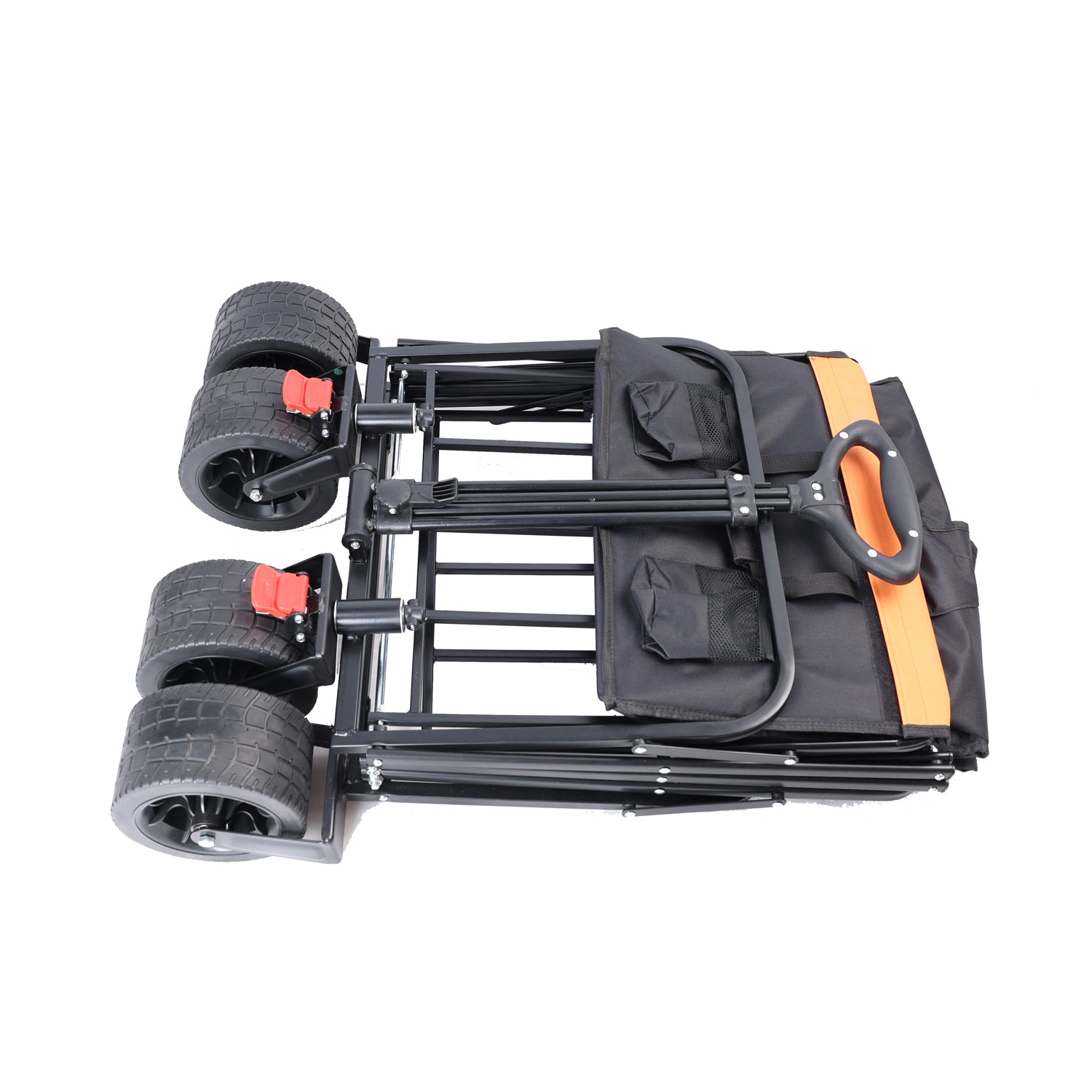 Black folding wagon with large wheels and orange handle ideal for beach trips