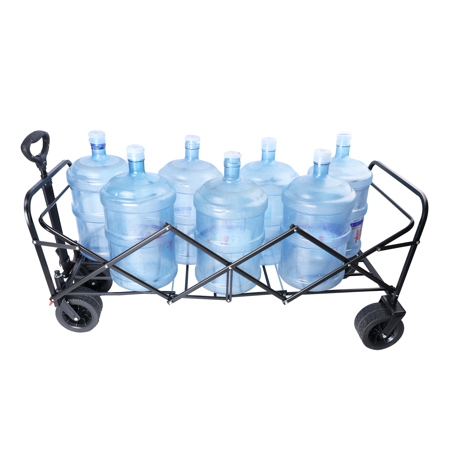 Black folding cart carrying eight gallon water jugs designed for easy transport