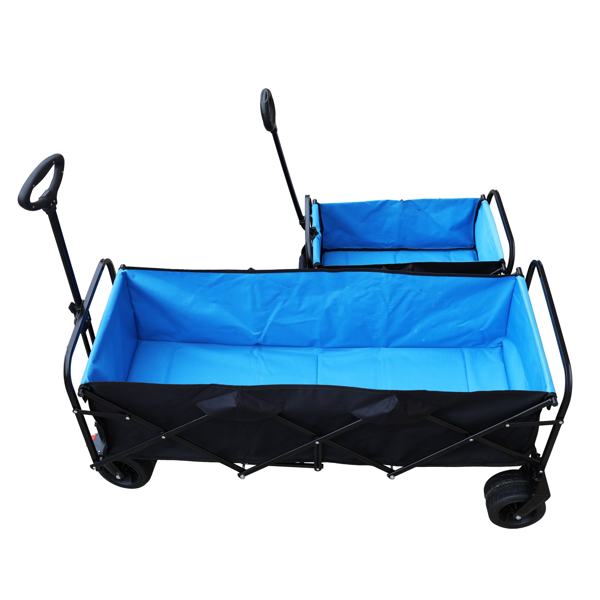 Blue and black collapsible wagon with two tiers for hauling gear