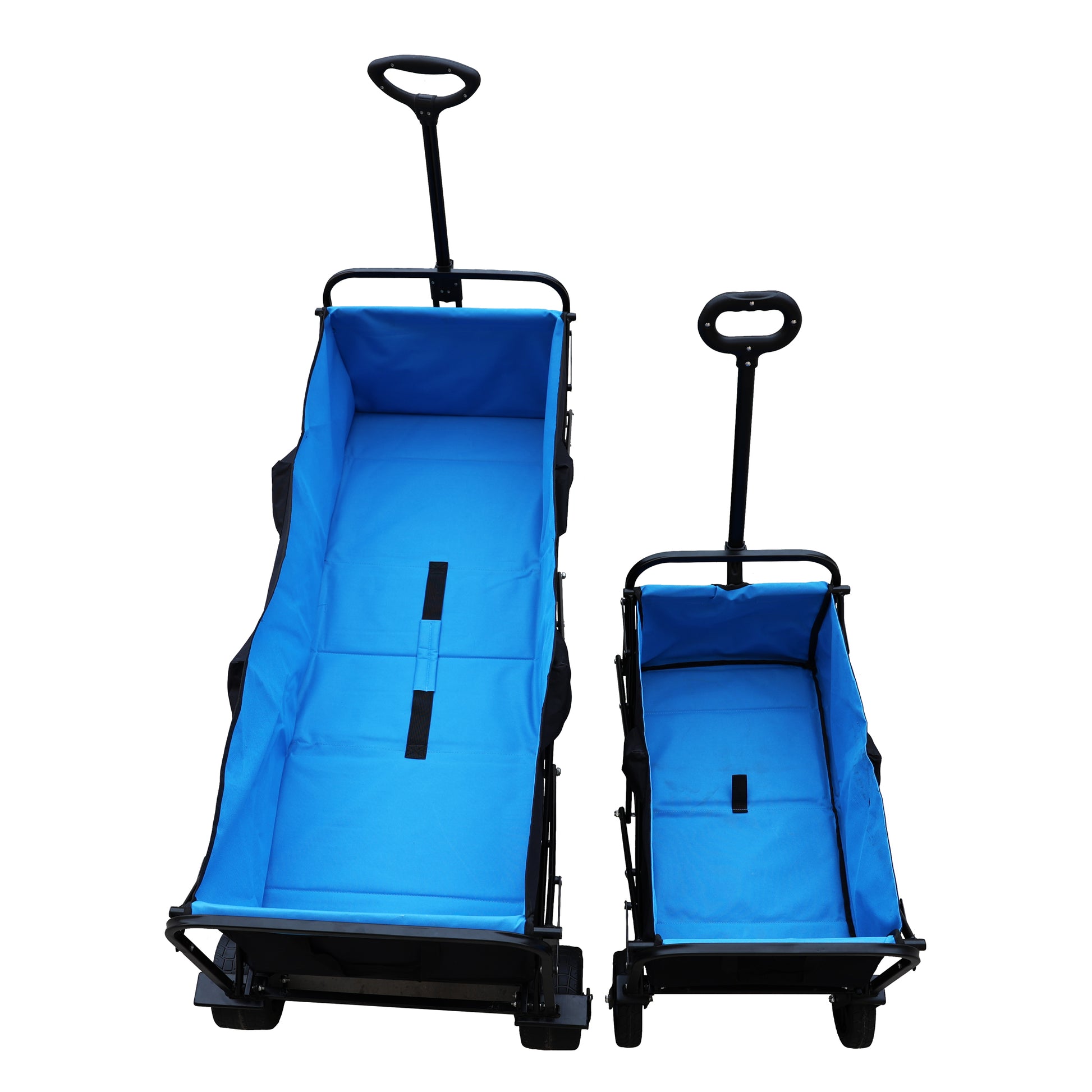 Two blue collapsible wagons with black frames and handles on a white background