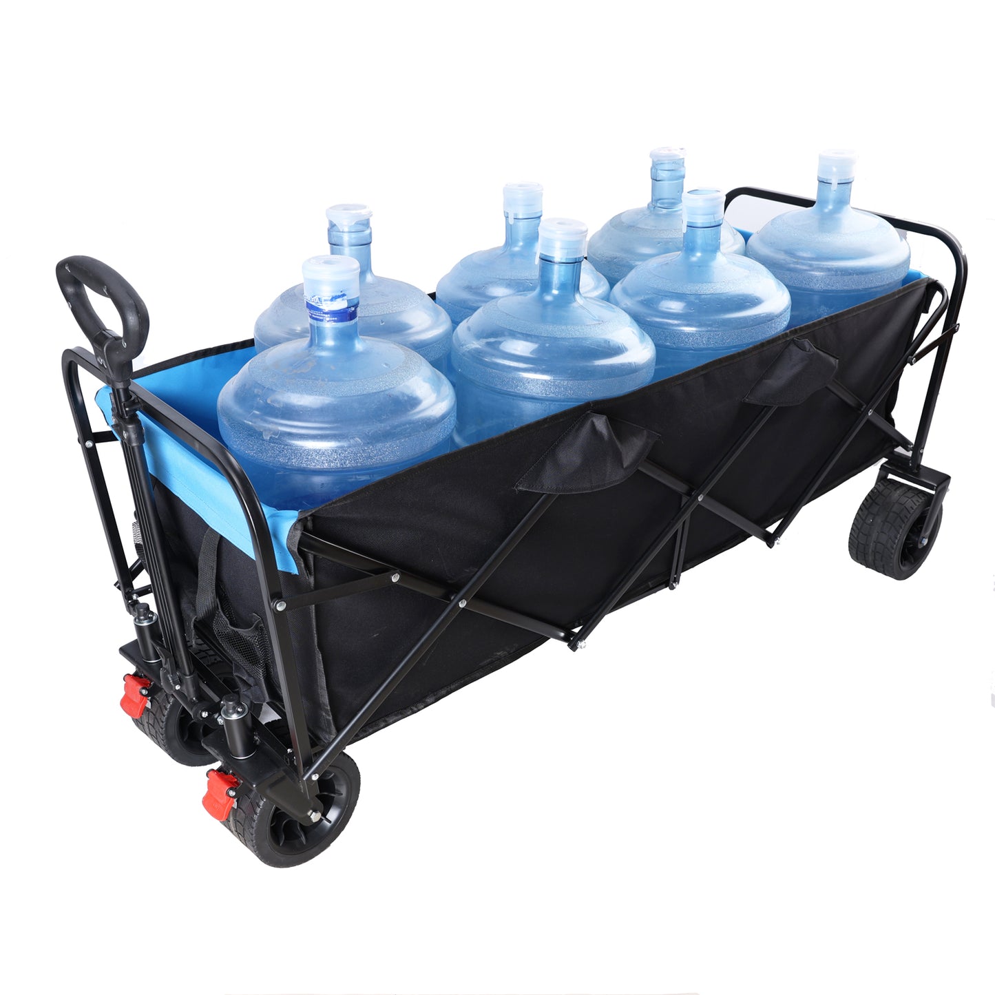 Black folding wagon filled with multiple large water jugs perfect for transport