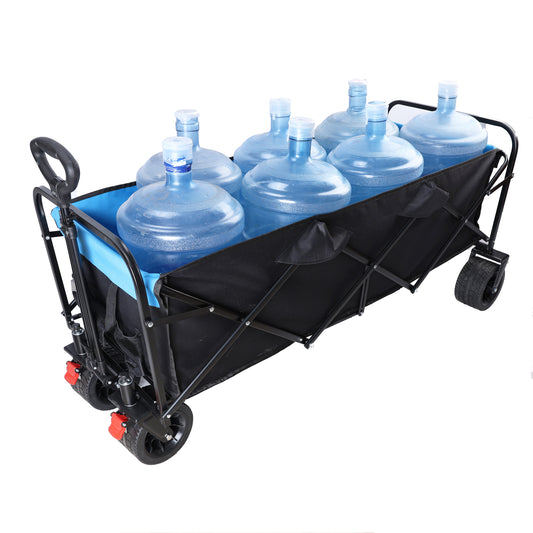 Black folding wagon filled with multiple large water jugs perfect for transport