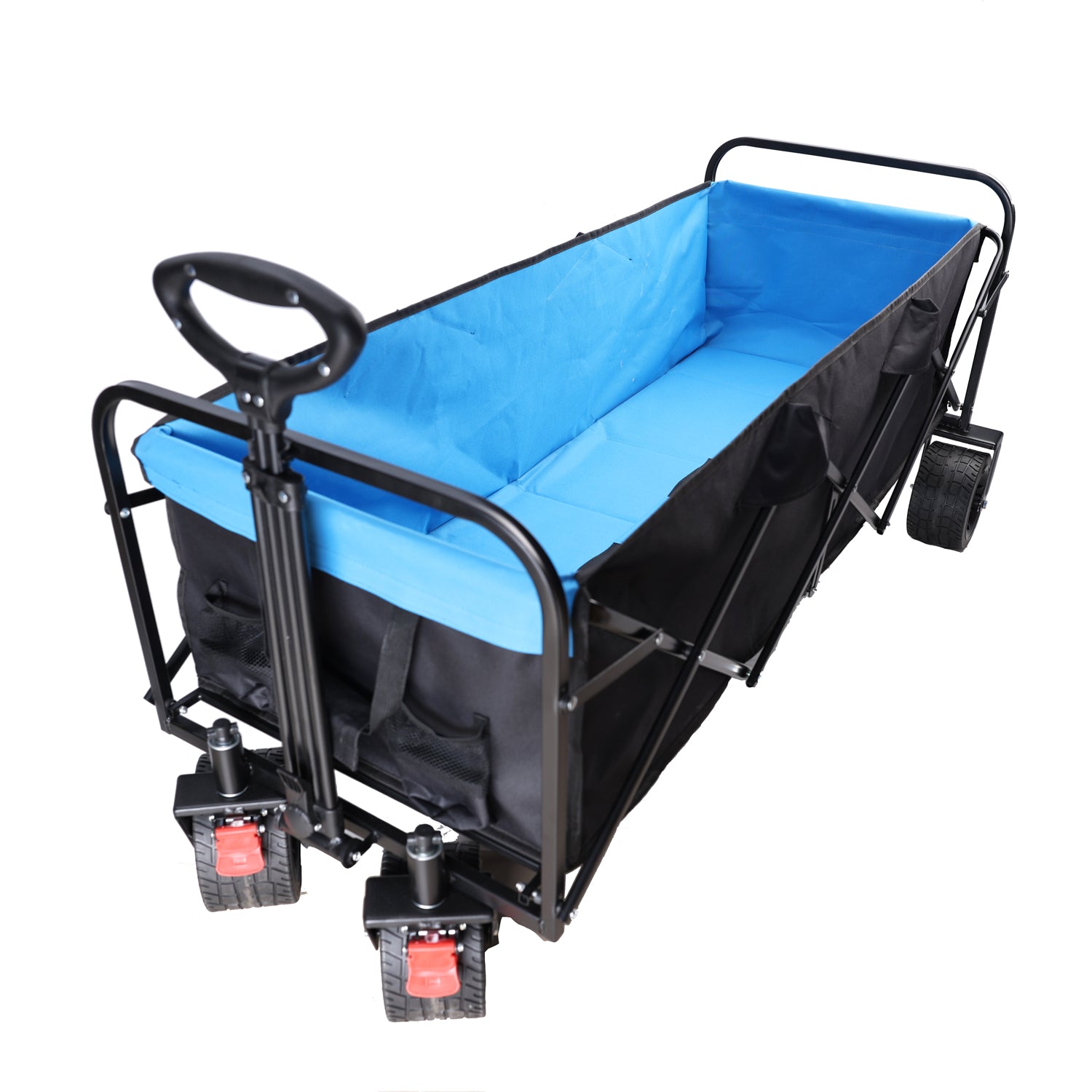 Blue lined black collapsible wagon with a black frame and handle