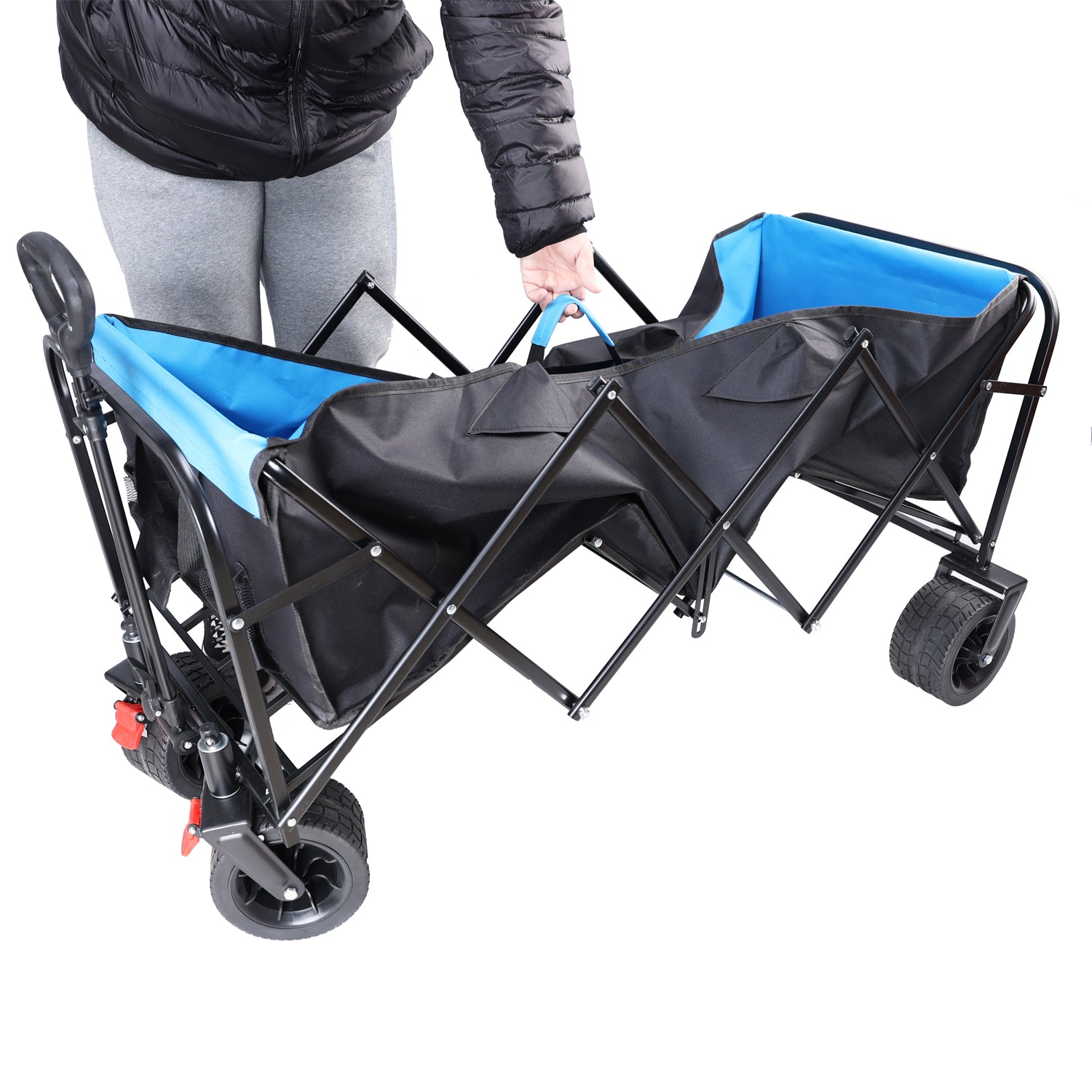 Black folding wagon with blue interior and durable wheels ready for outdoor use