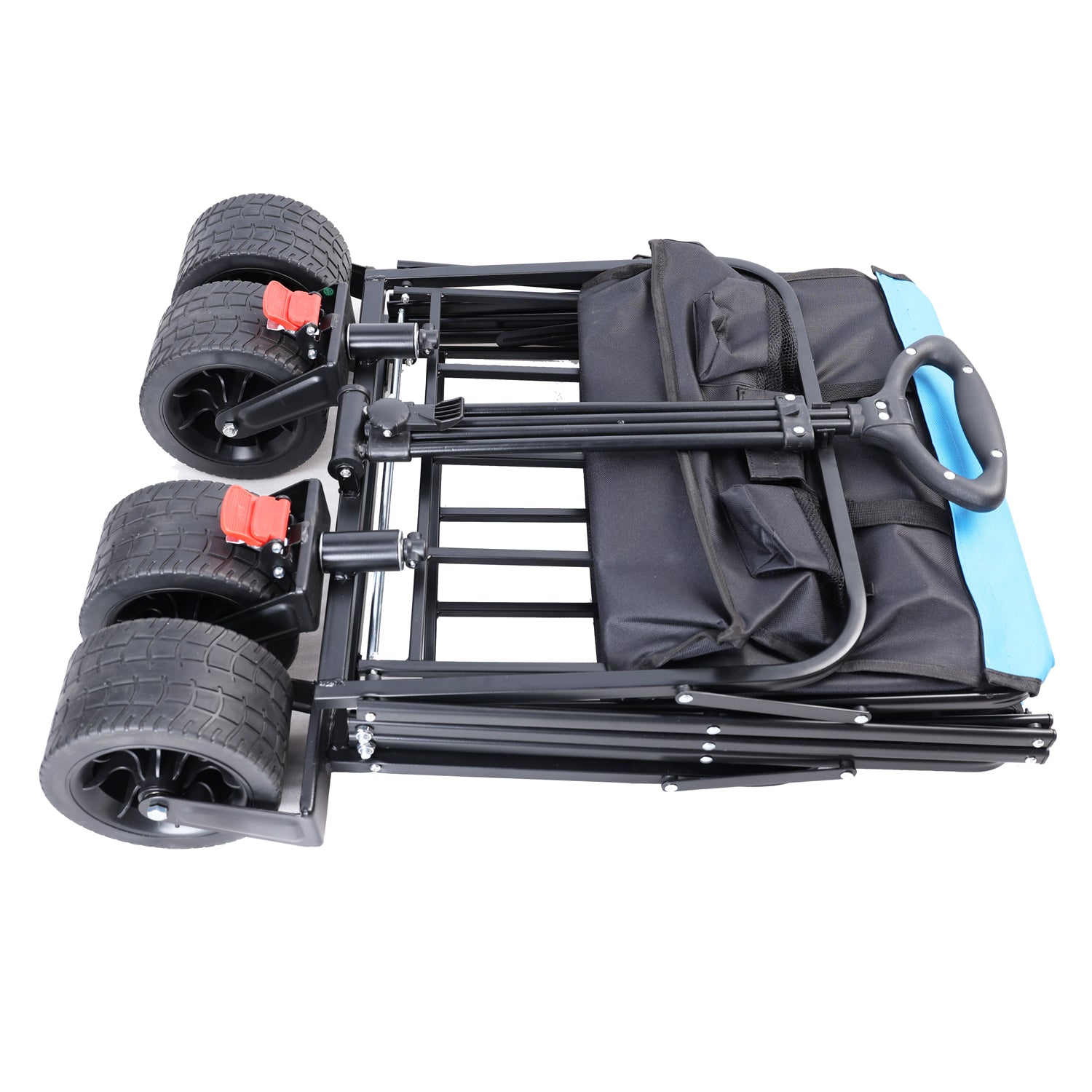 Black foldable utility wagon with four allterrain wheels and blue accent fabric