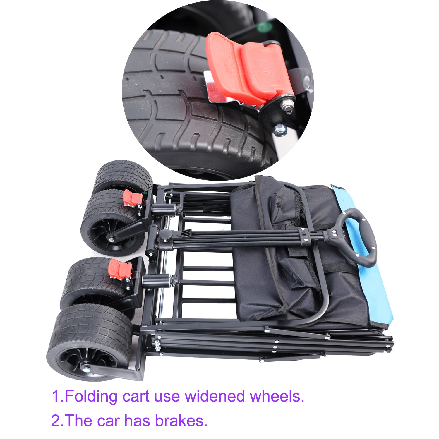 Black folding cart with four widened wheels and red brake levers