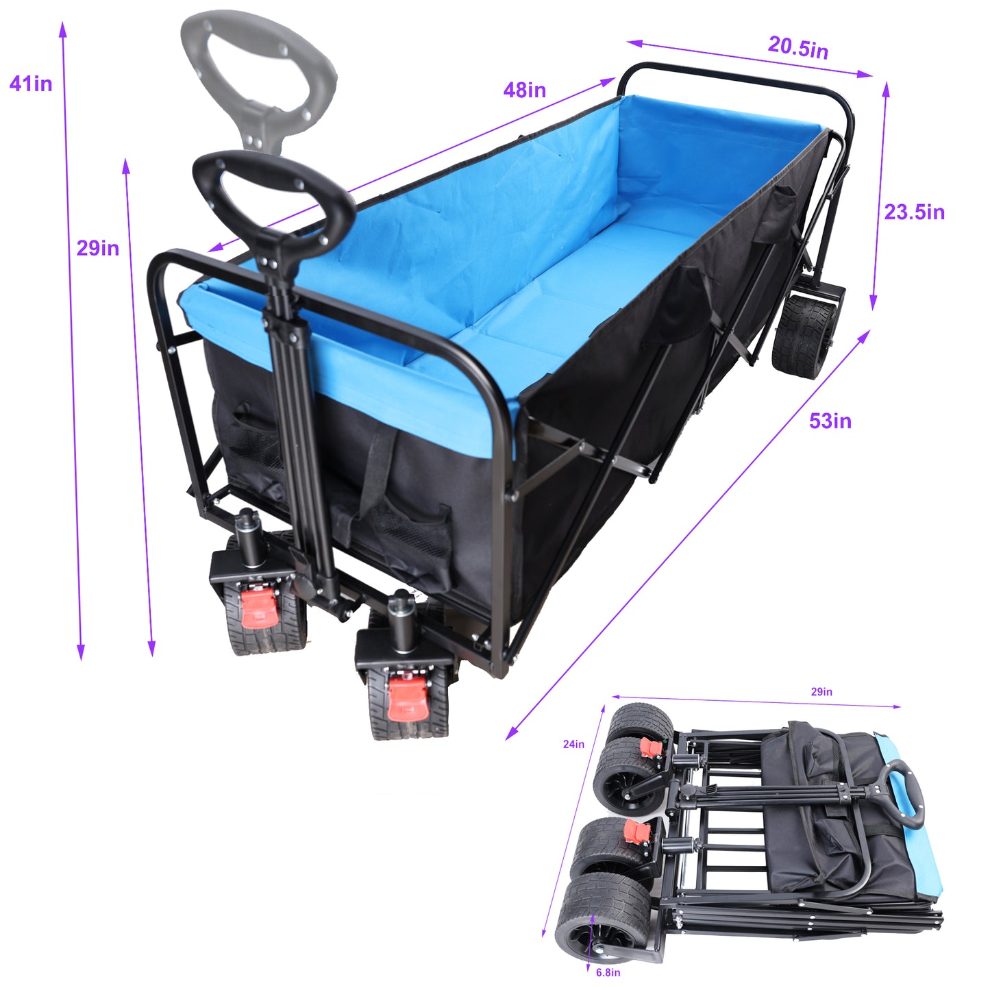 Black folding wagon with blue interior featuring sturdy wheels and a pull handle for easy transport