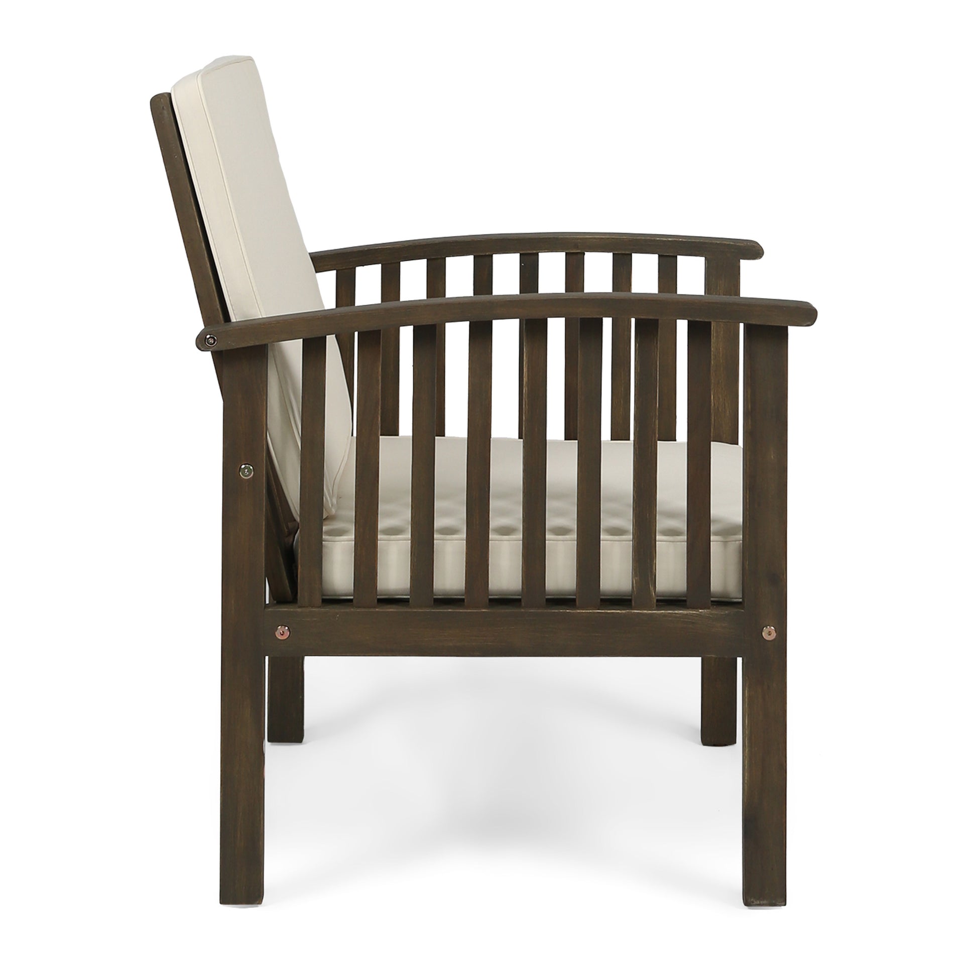 Dark wood patio chair with a cream cushion designed for outdoor relaxation
