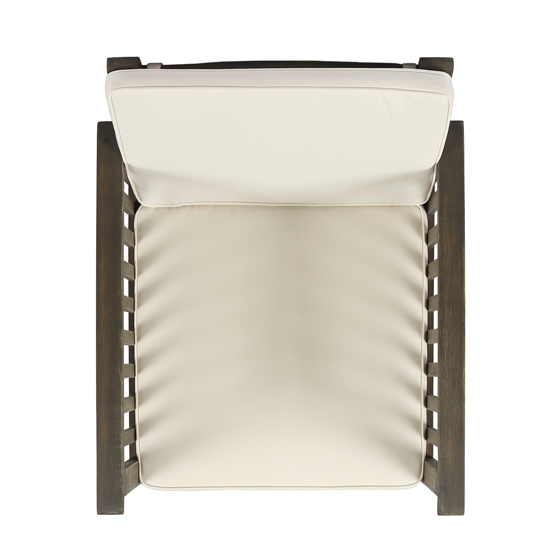 Dark wood modern armchair with cream cushions from overhead view