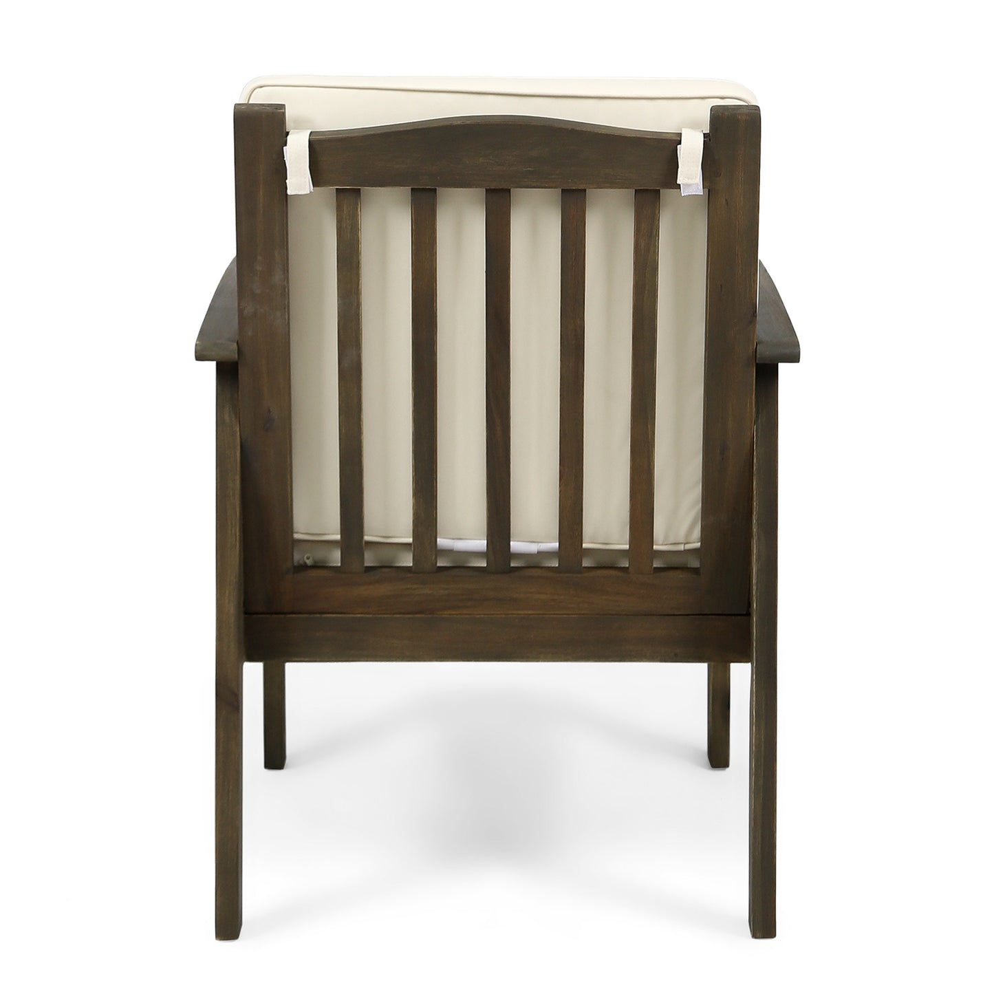 Dark brown wooden outdoor chair with beige seat cushion and slatted backrest