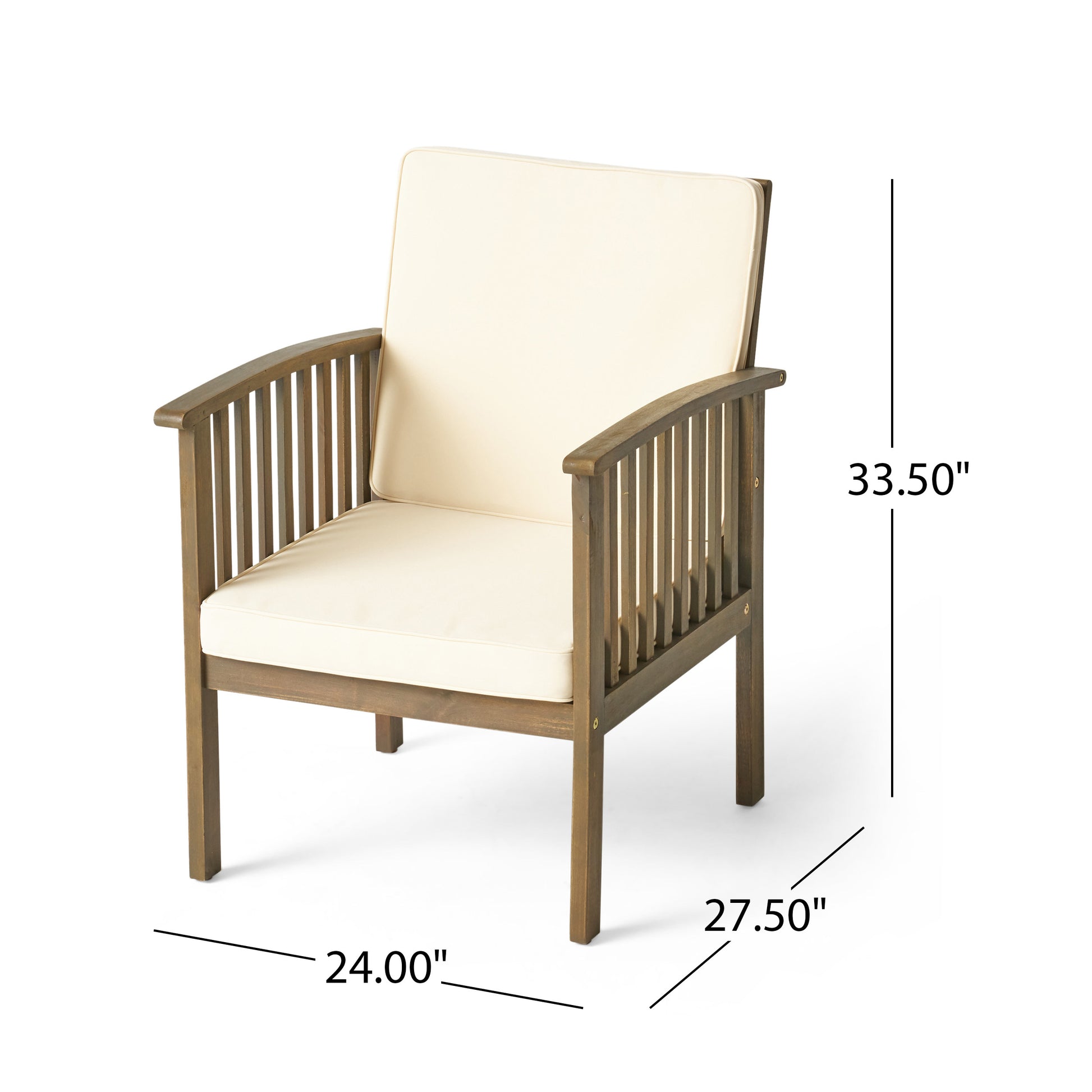 Brown wood patio chair with cream cushions and slatted back