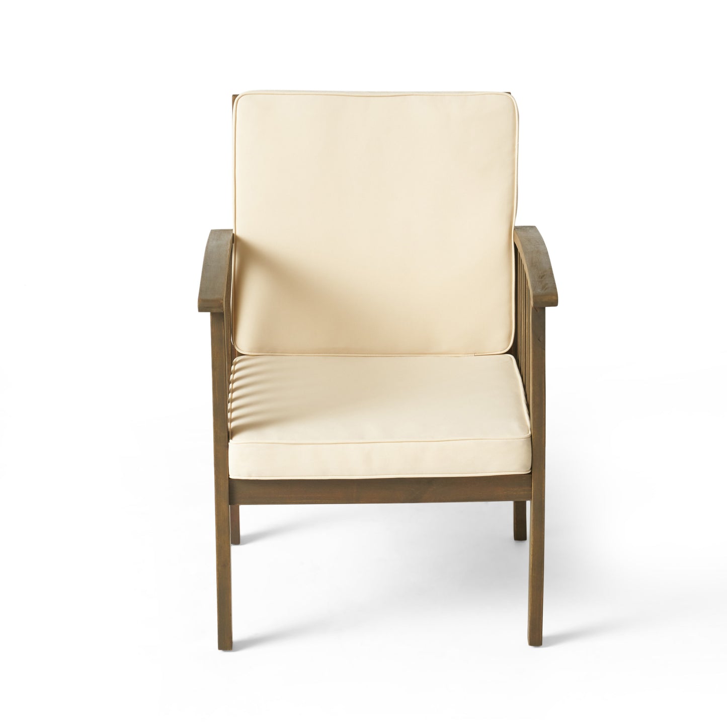 Modern wooden patio chair with cream cushions perfect for outdoor seating