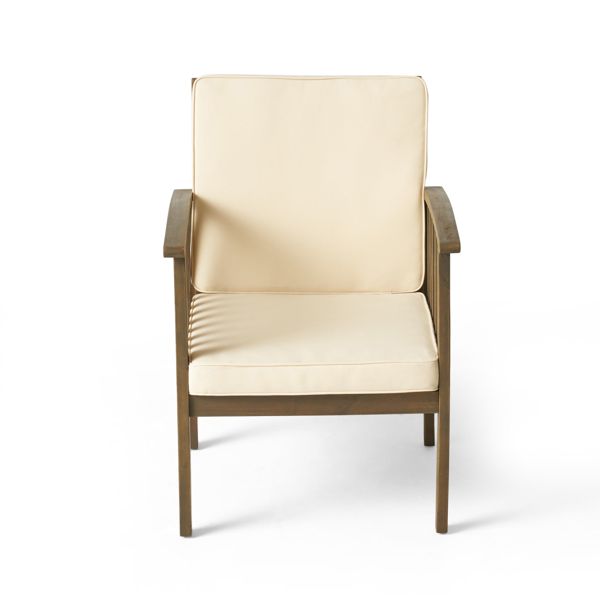 Modern wooden patio chair with cream cushions perfect for outdoor seating
