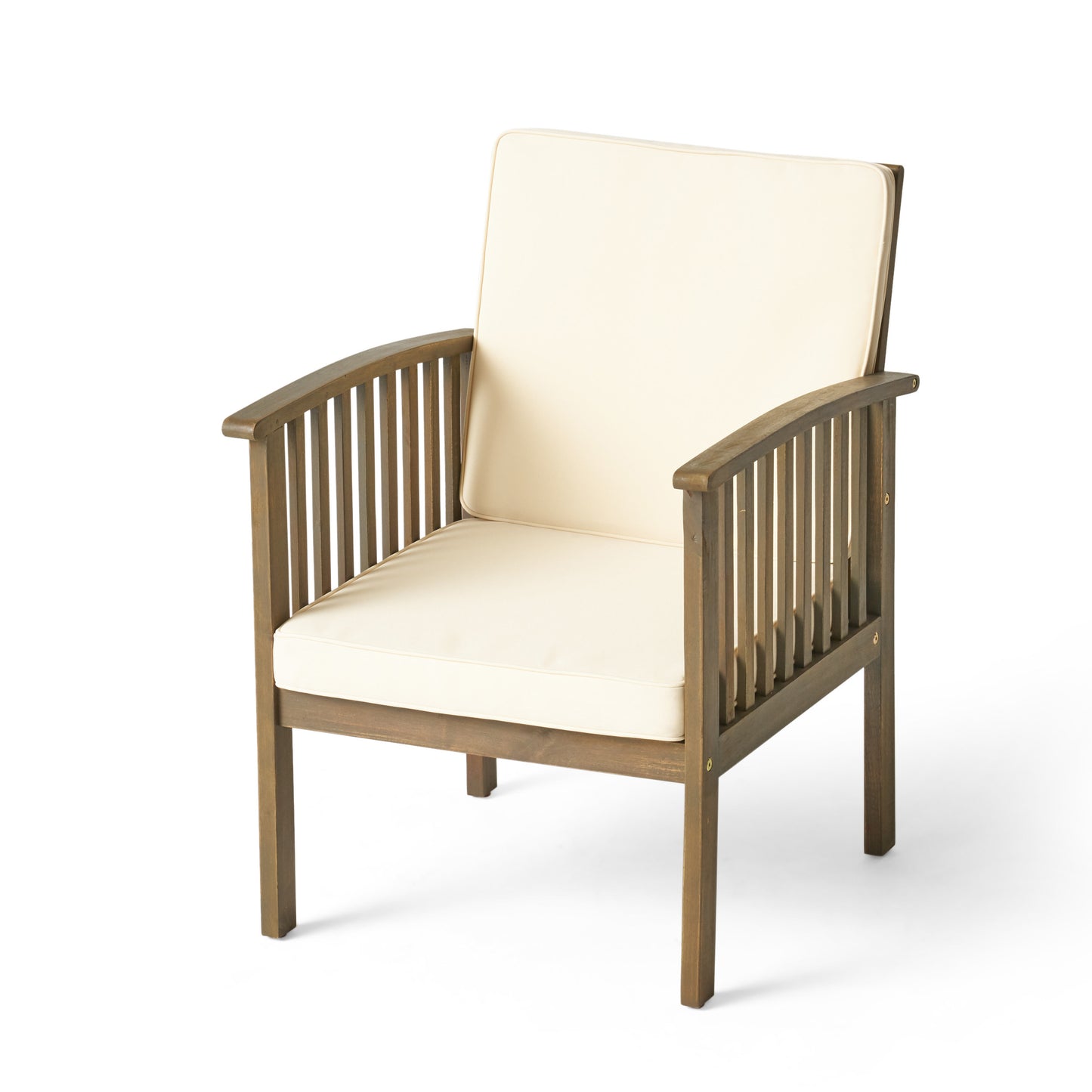 Wooden outdoor armchair with cream cushions perfect for patio seating