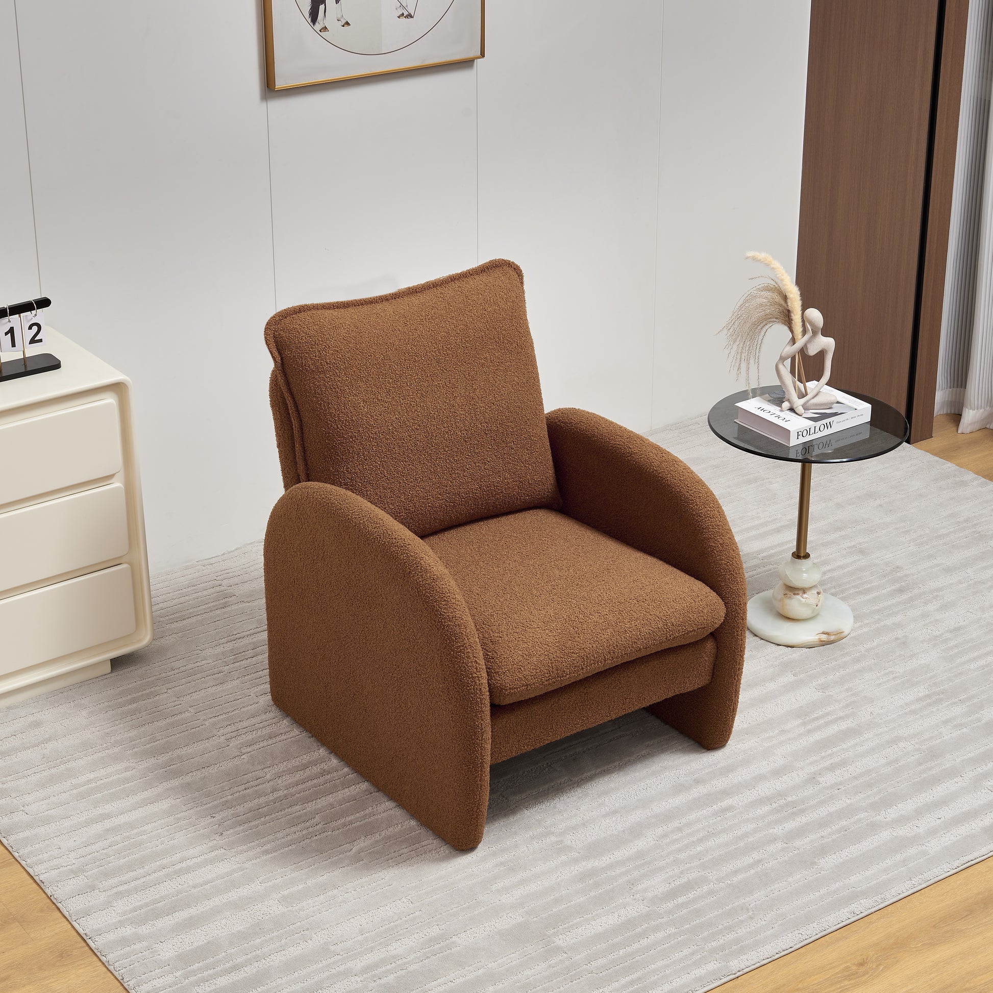 Cozy brown boucle armchair with plush cushions for ultimate comfort and modern style