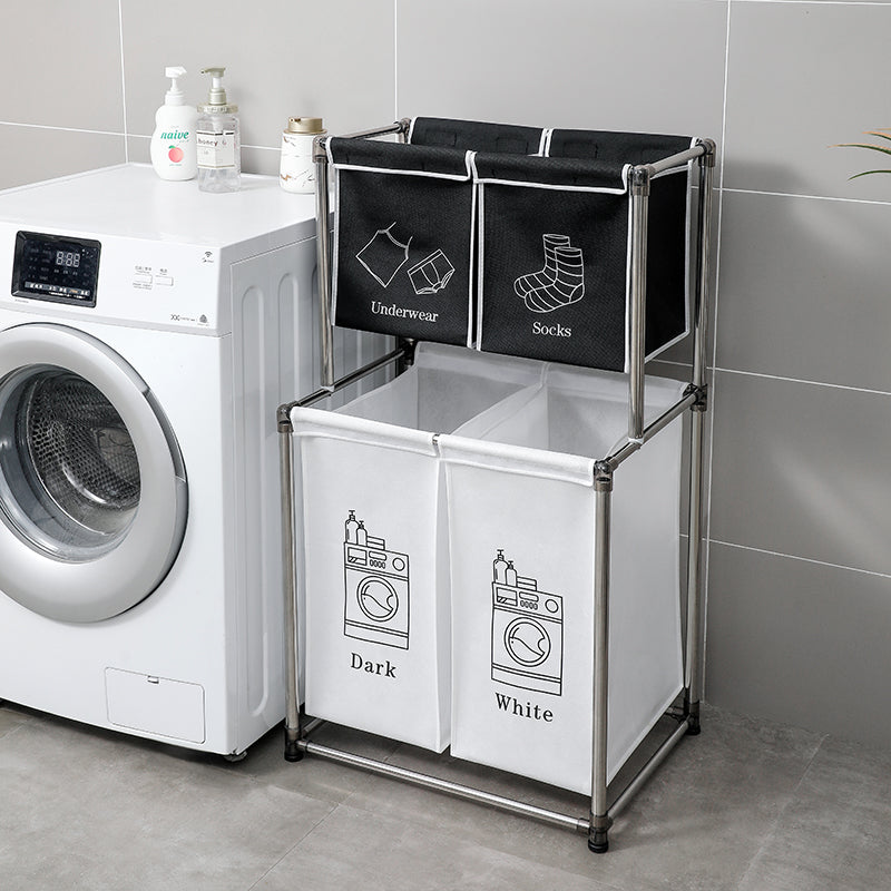 Dual compartment laundry sorter with black top bins for underwearsocks and white bottom bins for darkwhite clothes