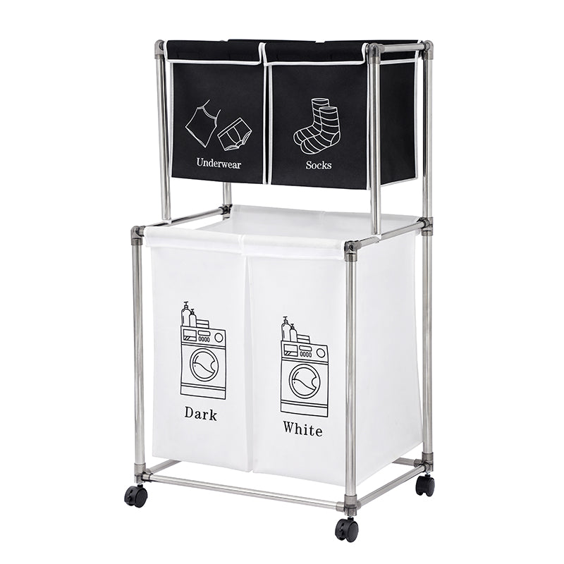 Dual compartment laundry sorter with black tops for underwearsocks and white bins for darkwhite clothes