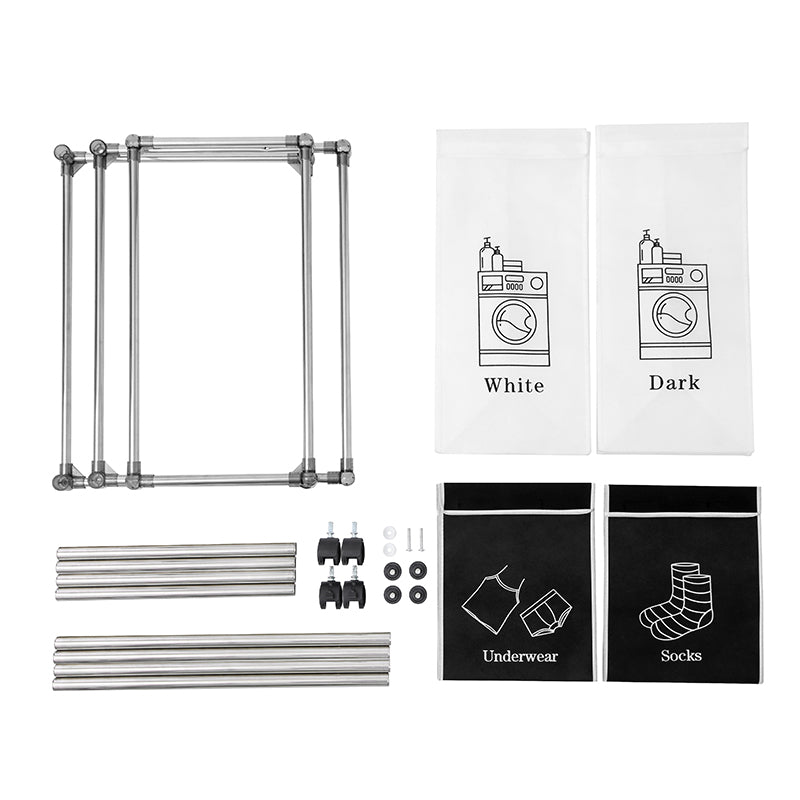 Stainless steel laundry drying rack components and sorting bags