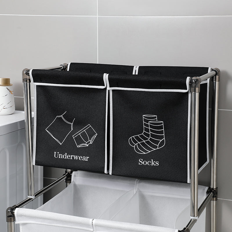 Black twocompartment laundry hamper with Underwear and Socks labels