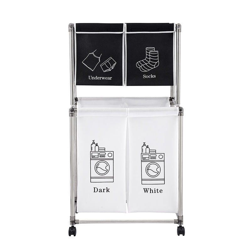 Twotiered laundry sorter with compartments for underwear socks dark and white clothes