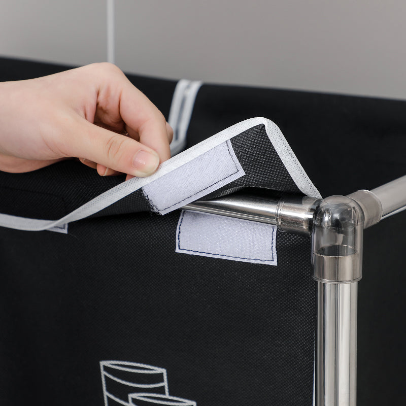 Black fabric storage cube with Velcro closure on silver metal frame