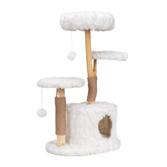 Fluffy white cat tree with sisal rope scratching posts and a cozy hideaway