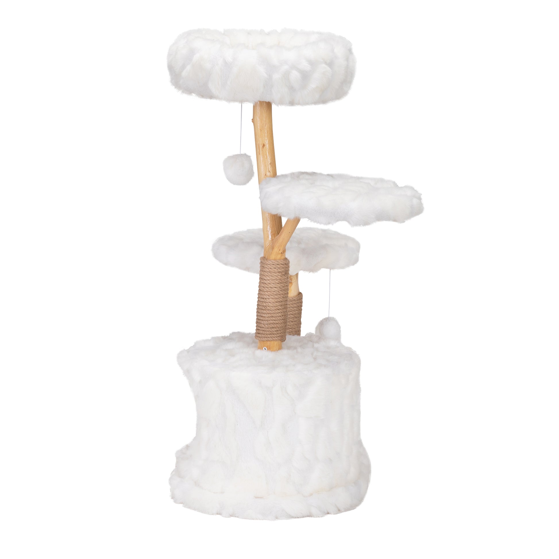 Plush white cat tree with multiple levels and sisal rope scratching posts
