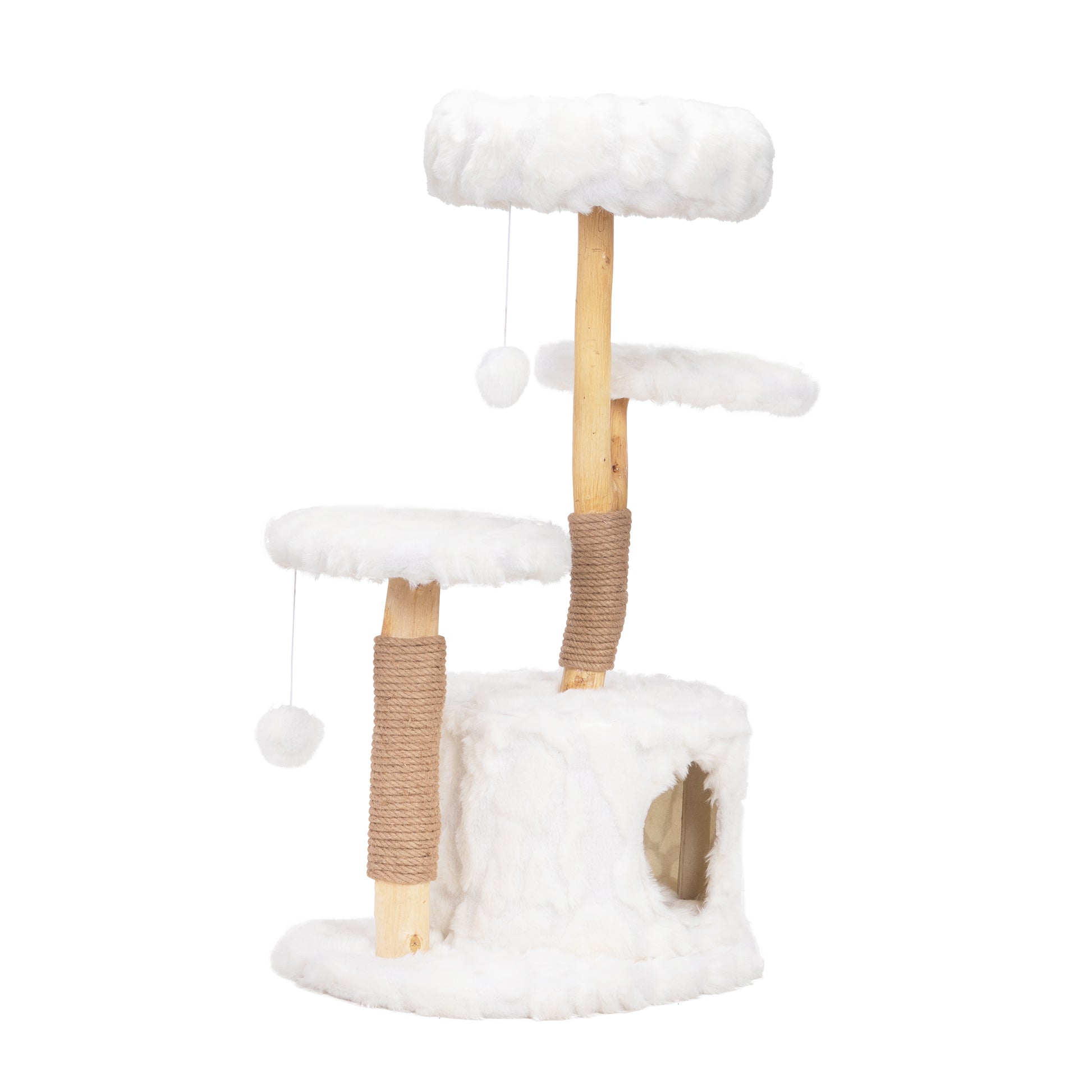 Fluffy white multilevel cat tree with sisal scratching posts and hanging toys for feline fun