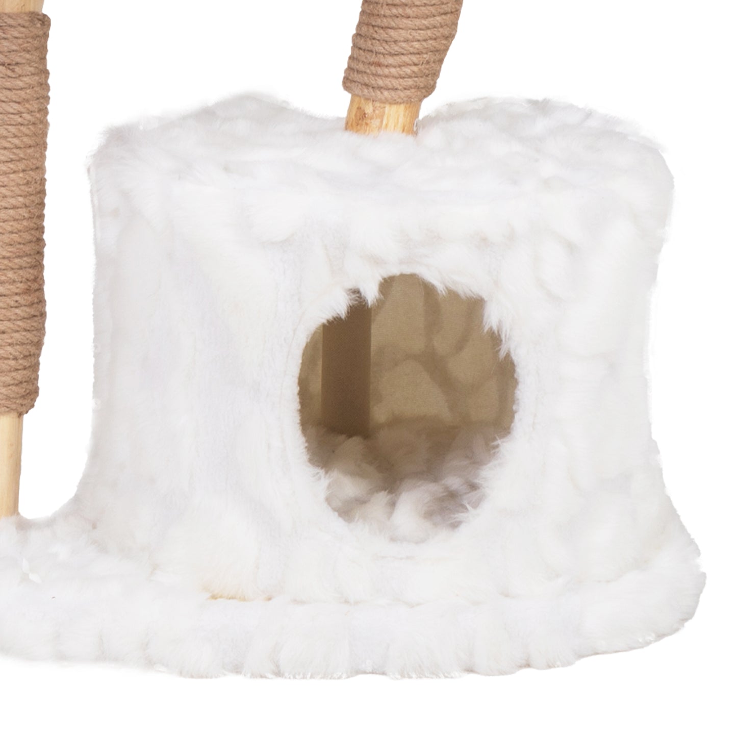 White fuzzy cat condo with sisal scratching post detail