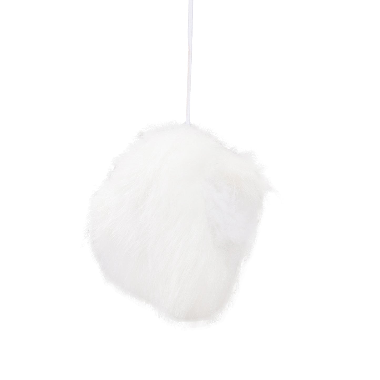 Fluffy white faux fur pom pom with hanging string for DIY crafts