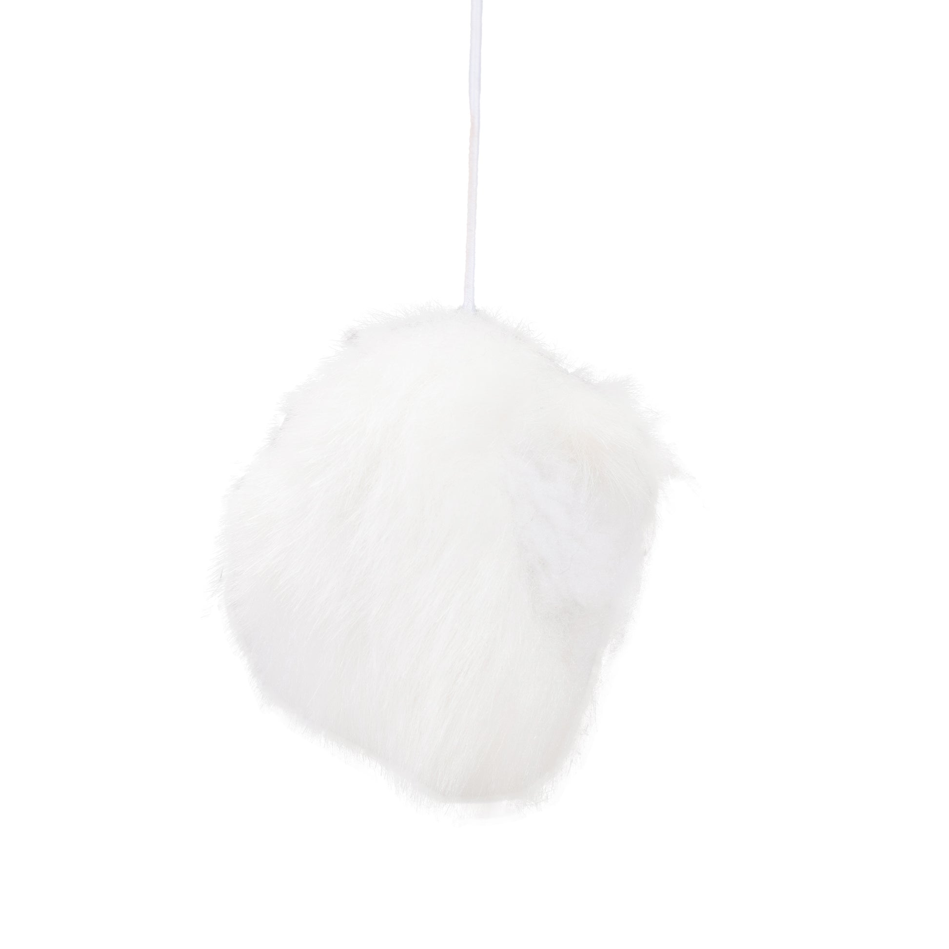 Fluffy white faux fur pom pom with hanging string for DIY crafts