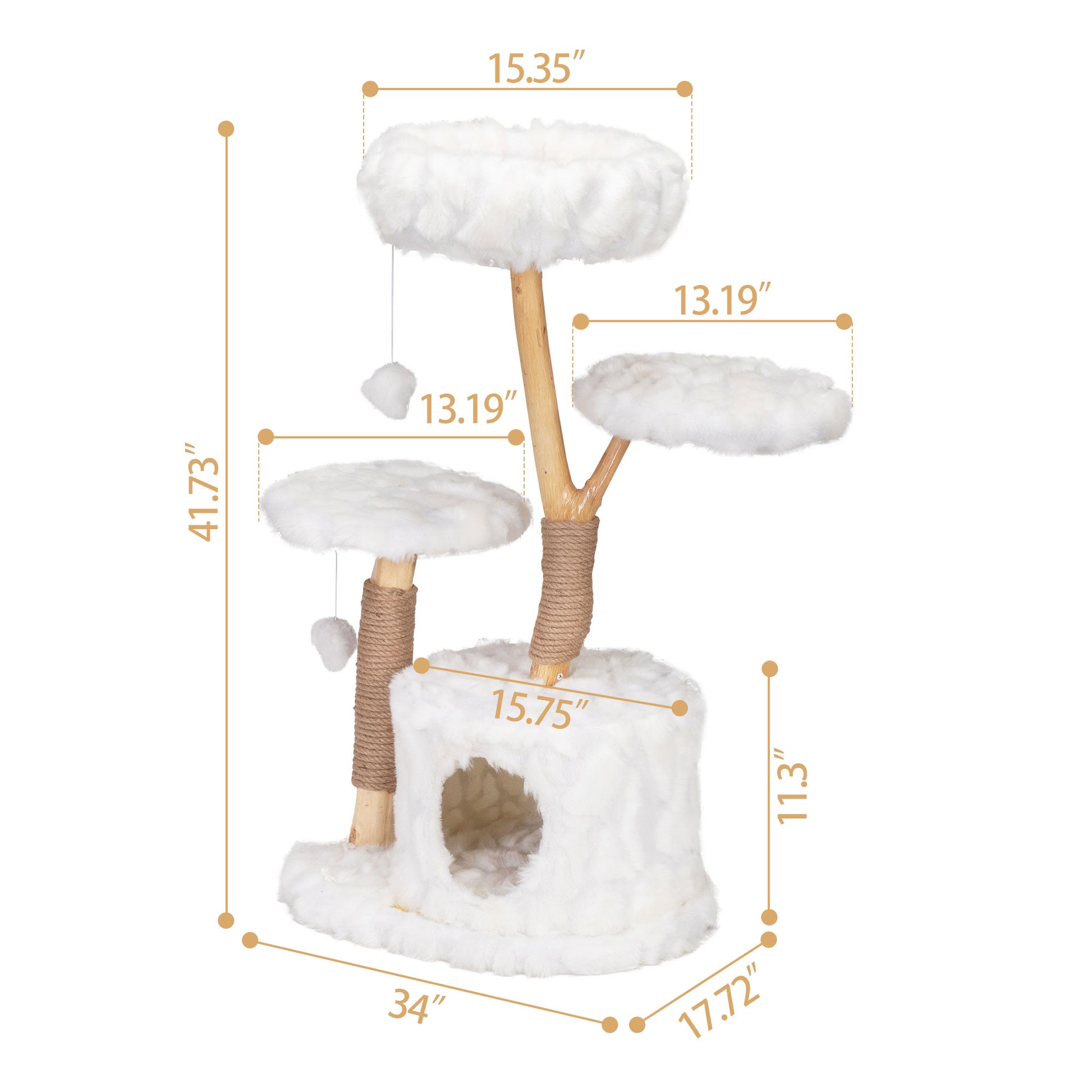Fluffy white cat tree with multiple perches and a hideaway house