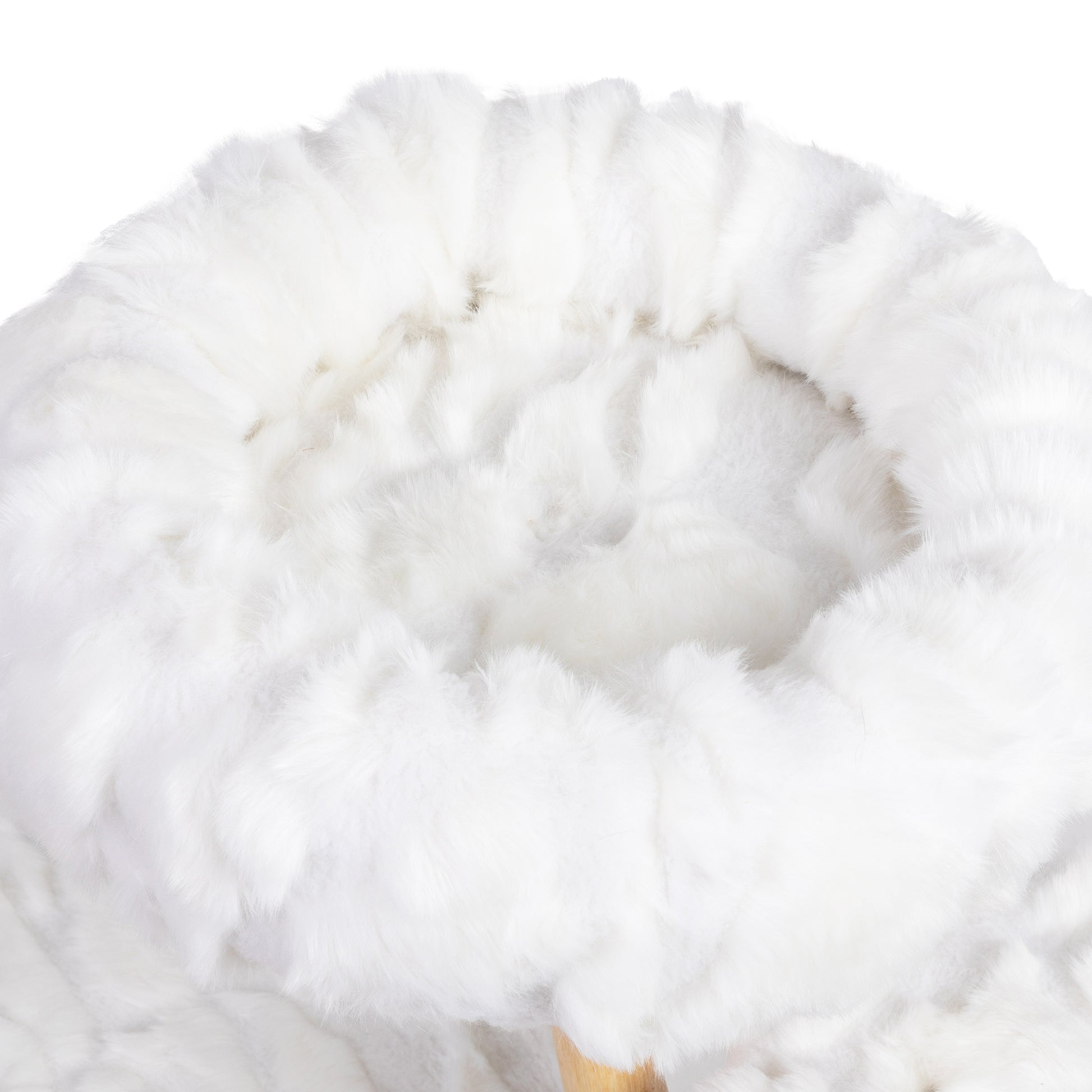 Plush white faux fur stool top with a soft inviting texture perfect for a cozy accent piece