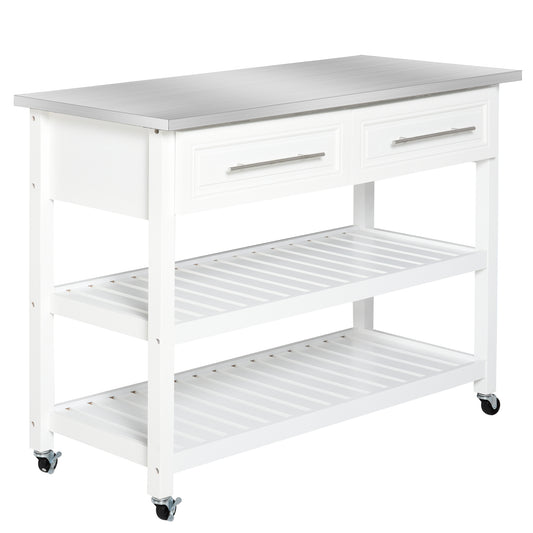 White kitchen island with stainless steel top and two drawers