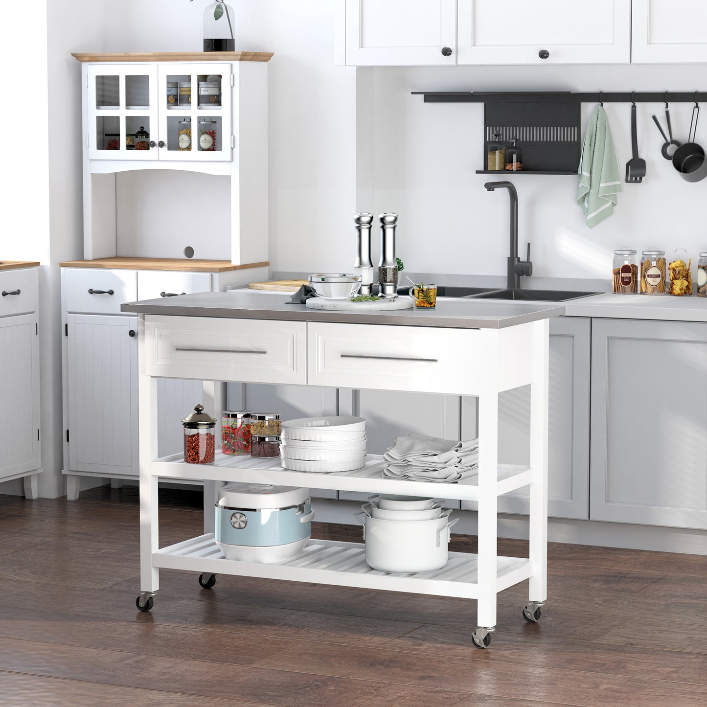 White kitchen island cart with stainless steel top and two drawers perfect for meal prep