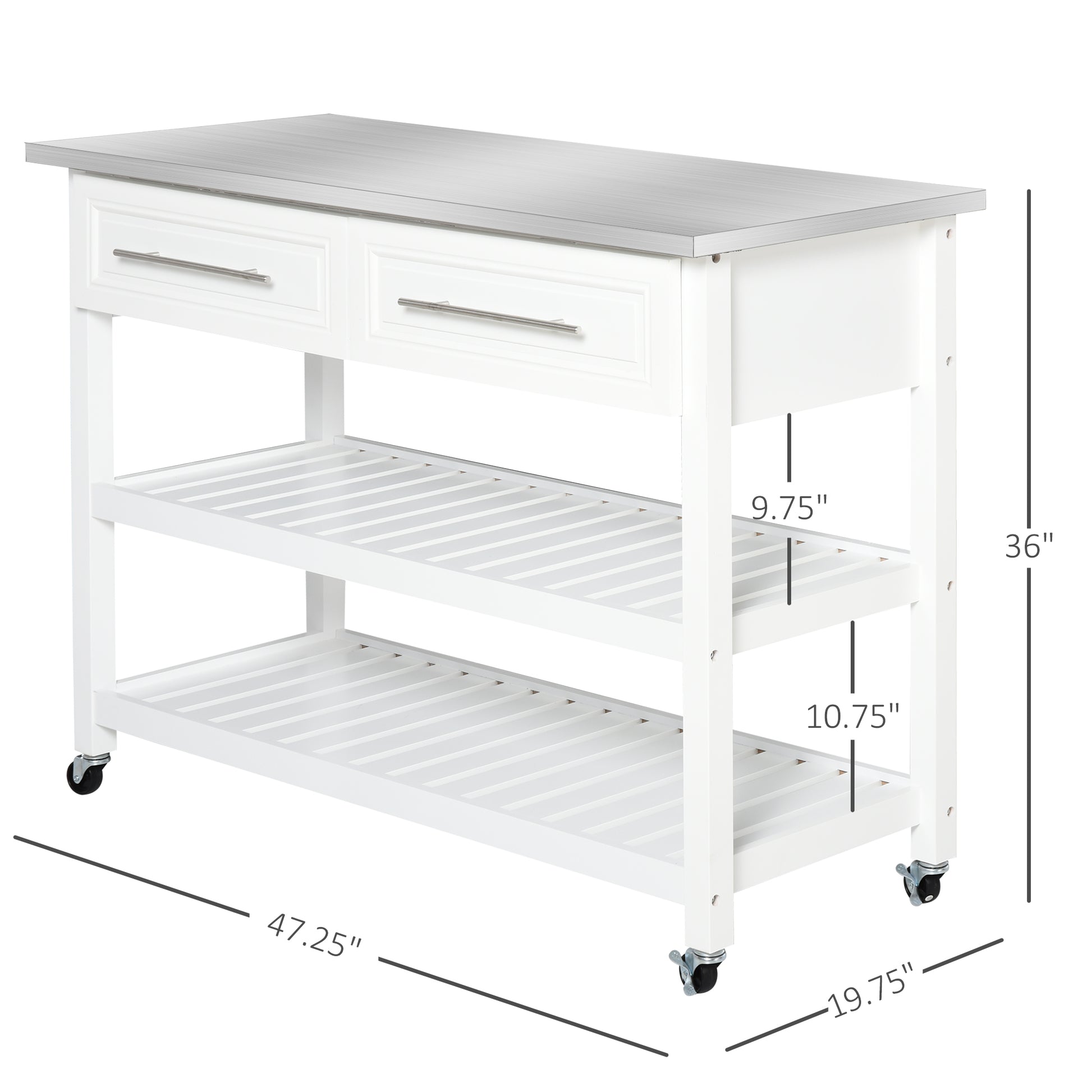White kitchen island cart with stainless steel top and two drawers