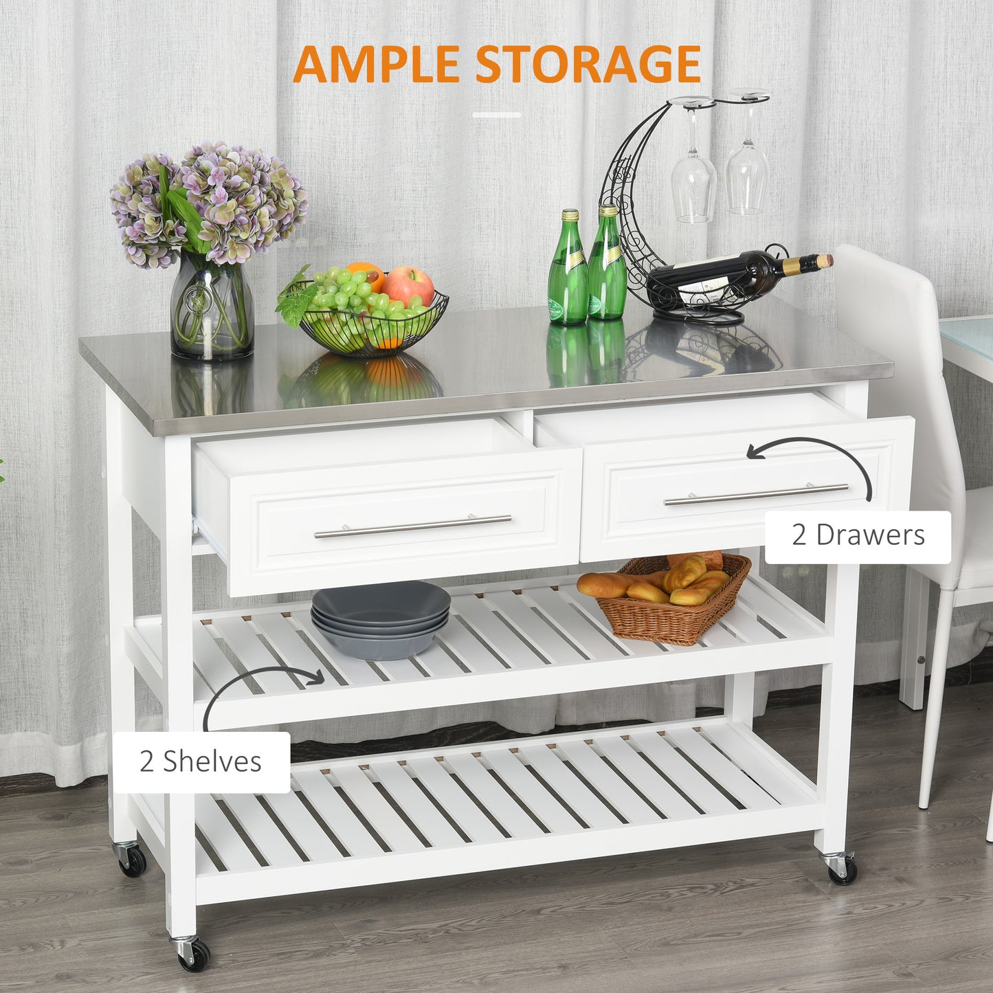 White kitchen cart with stainless steel top and two drawers