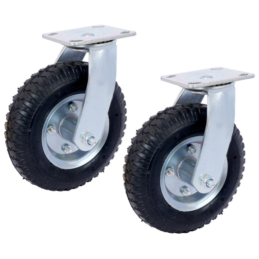 Two heavy duty pneumatic caster wheels with steel plates and black rubber tires