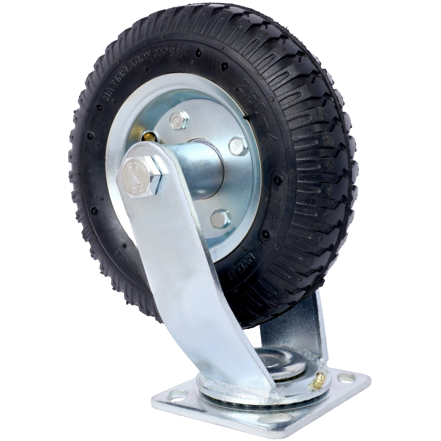 Heavyduty pneumatic caster wheel with silver metal construction and black tire