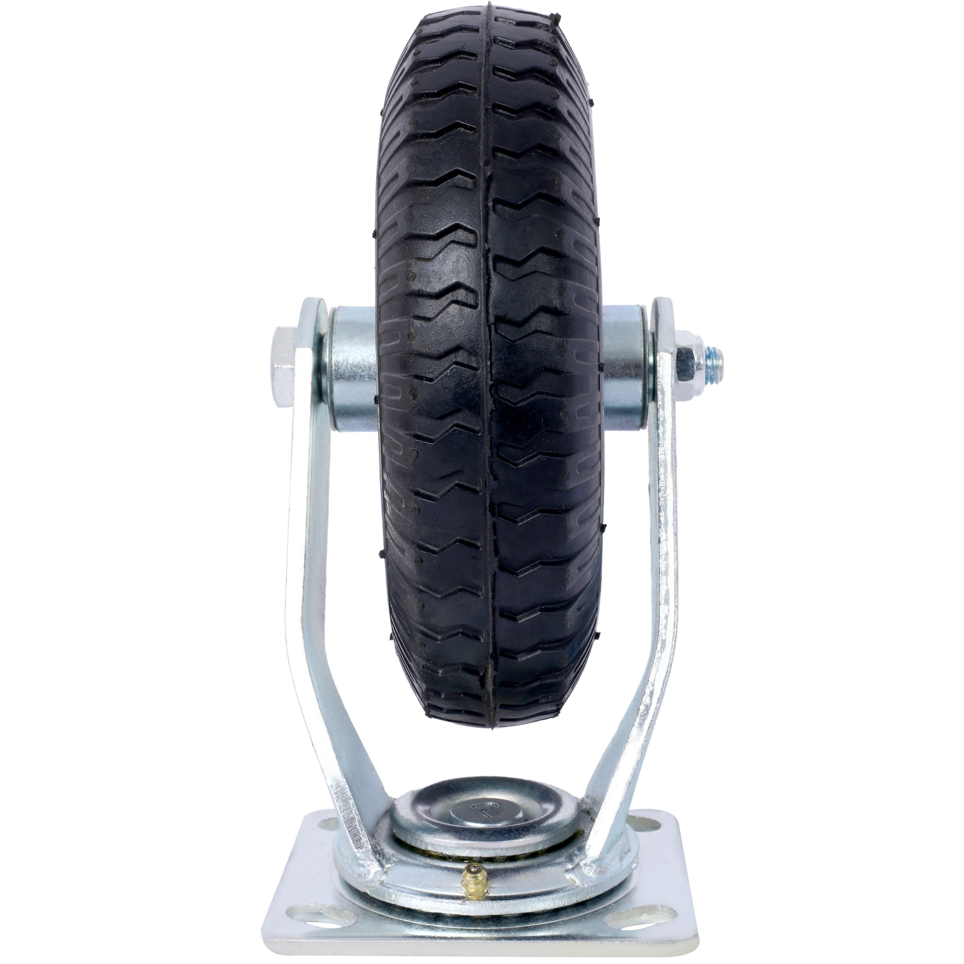 Heavyduty swivel caster with a solid black rubber tire and a silver metal mounting plate