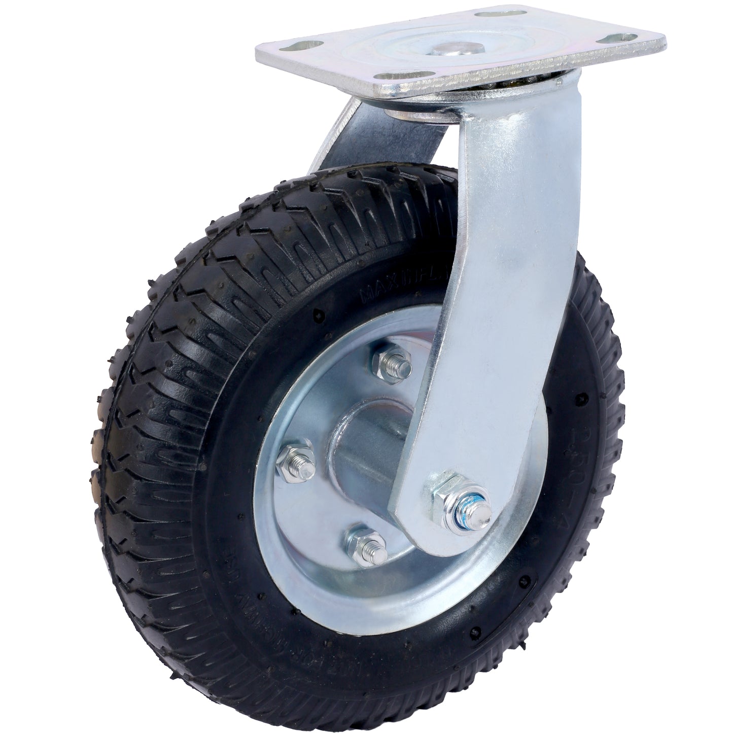Heavyduty swivel caster with a durable rubber tire and steel mounting plate for industrial carts