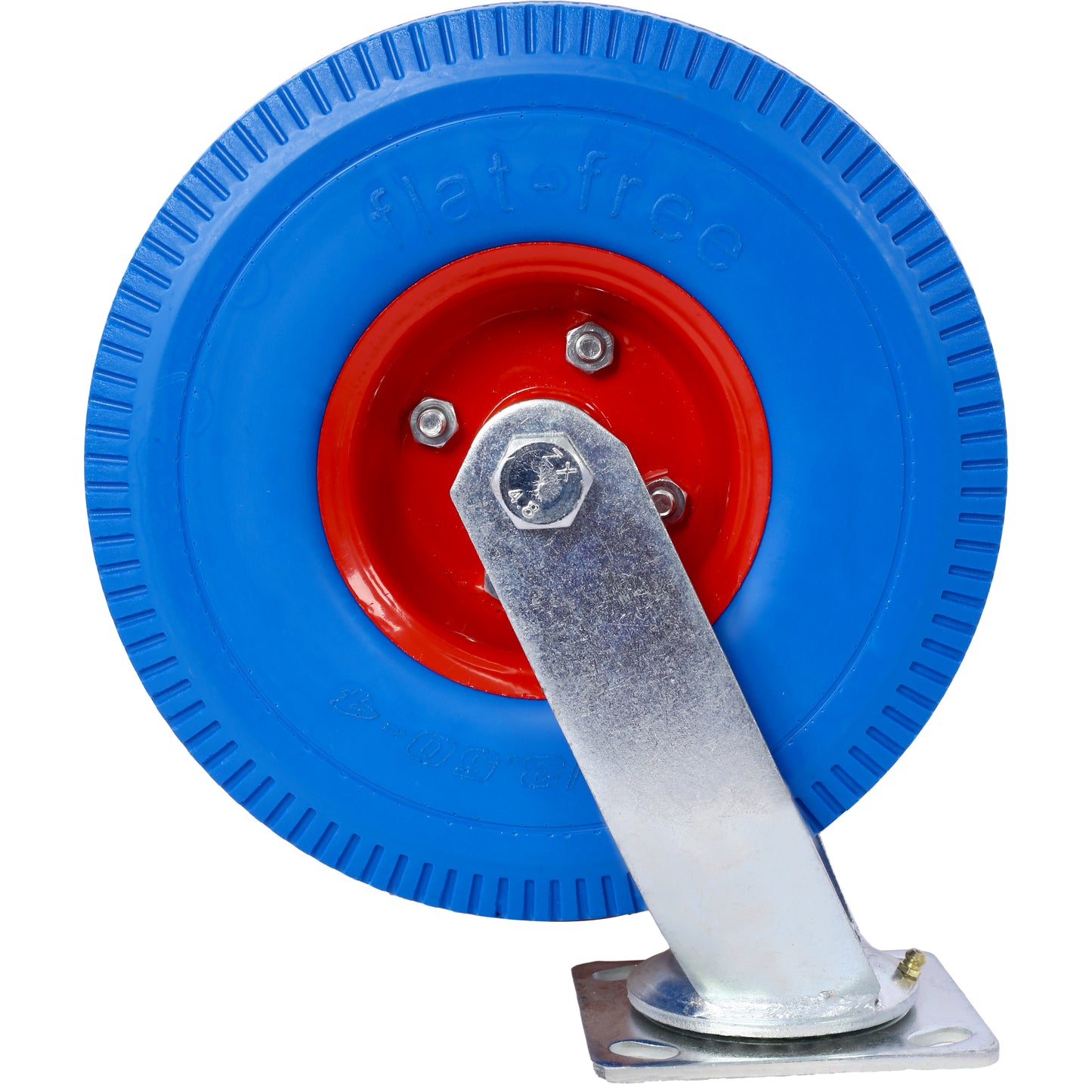 Blue flatfree pneumatic caster wheel with red hub and silver swivel mount ideal for carts