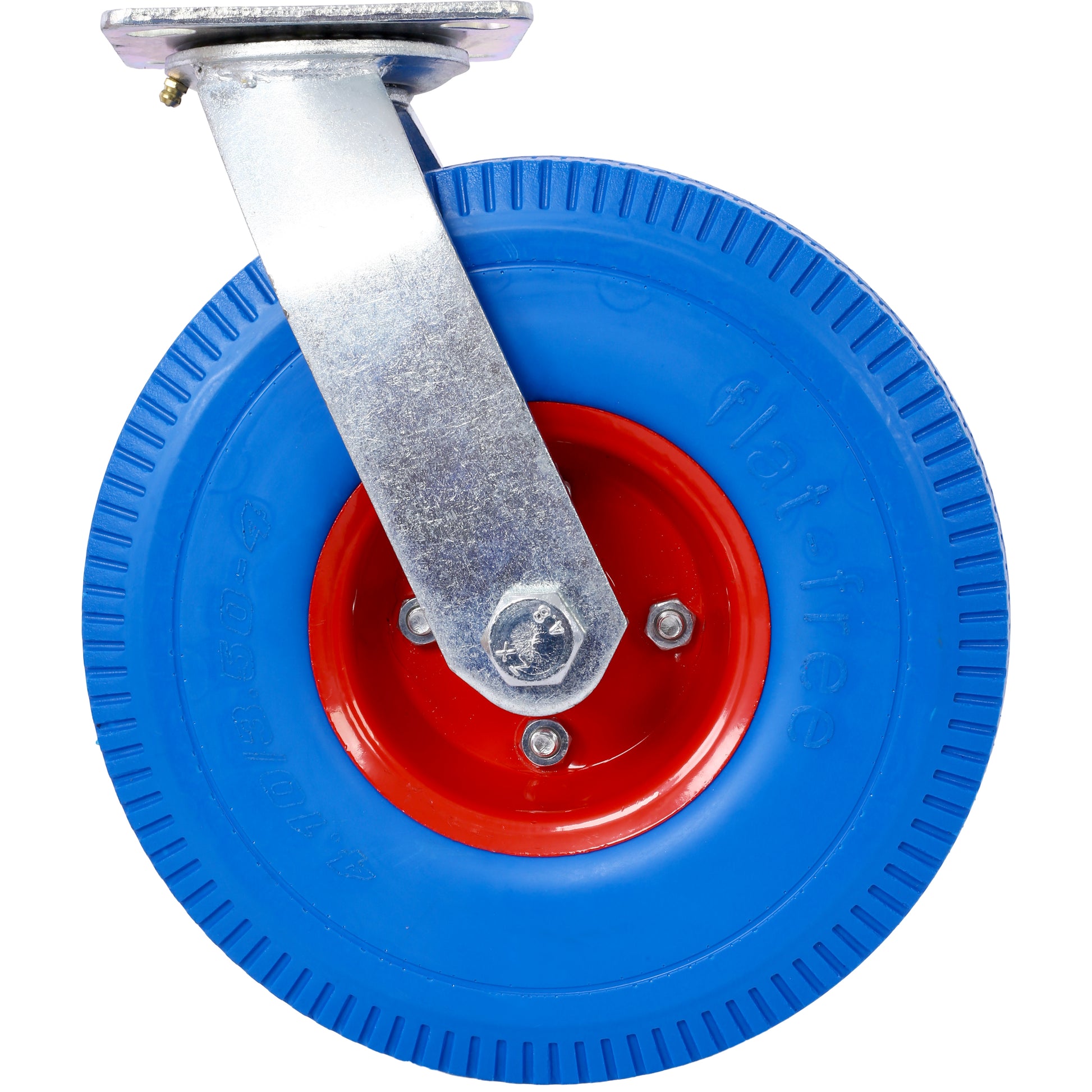 Heavyduty blue swivel caster wheel with a red hub and textured tread for industrial carts
