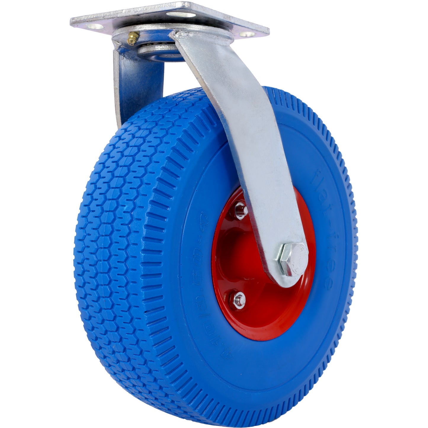 Heavy duty blue caster wheel with red hub and metal swivel mount