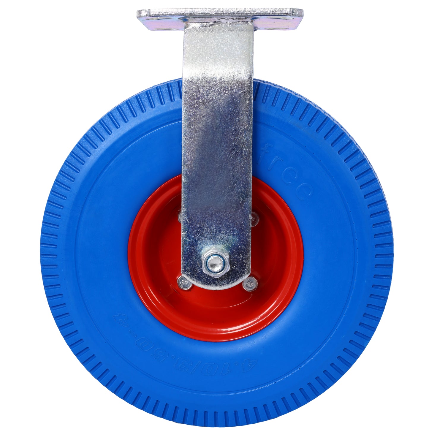 Blue pneumatic caster wheel with red rim and silver swivel bracket