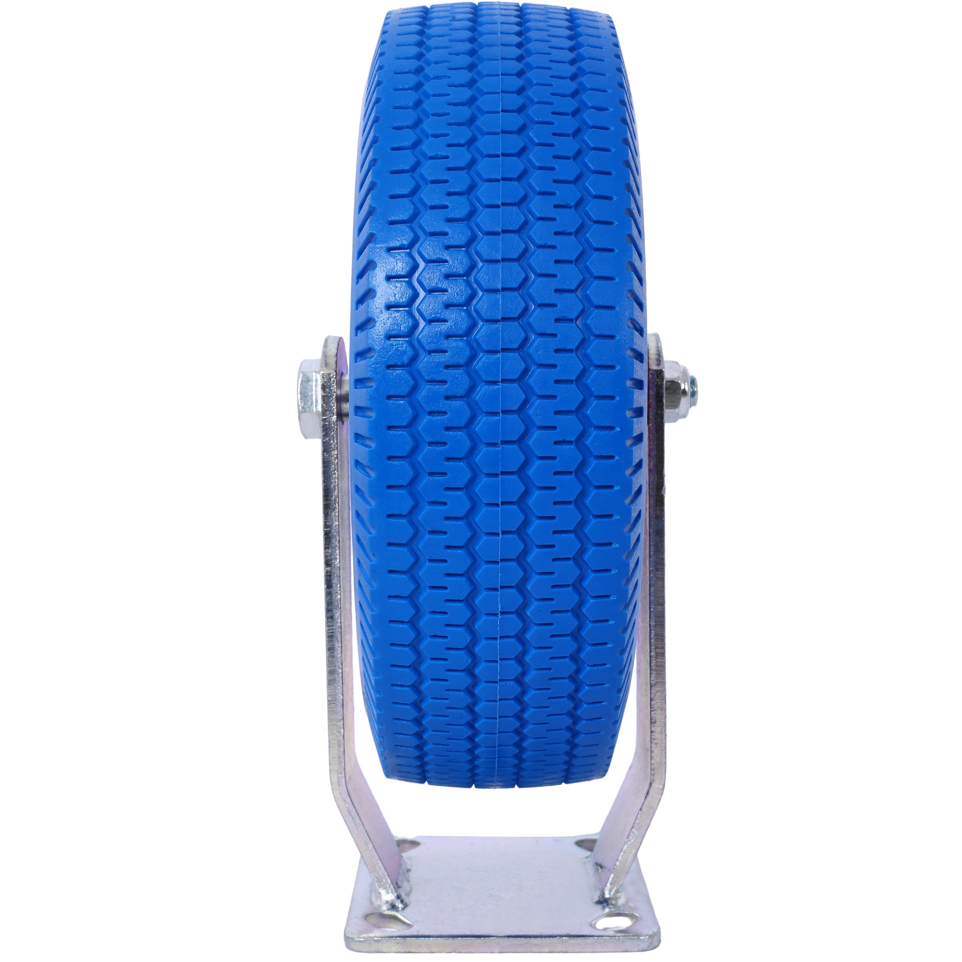 Blue pneumatic wheel with heavyduty caster bracket and tire tread