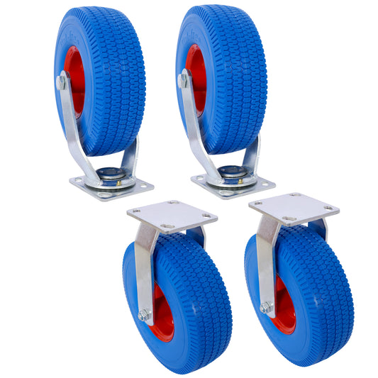 Set of  heavyduty blue solid rubber casters with red hubs and metal mounting plates