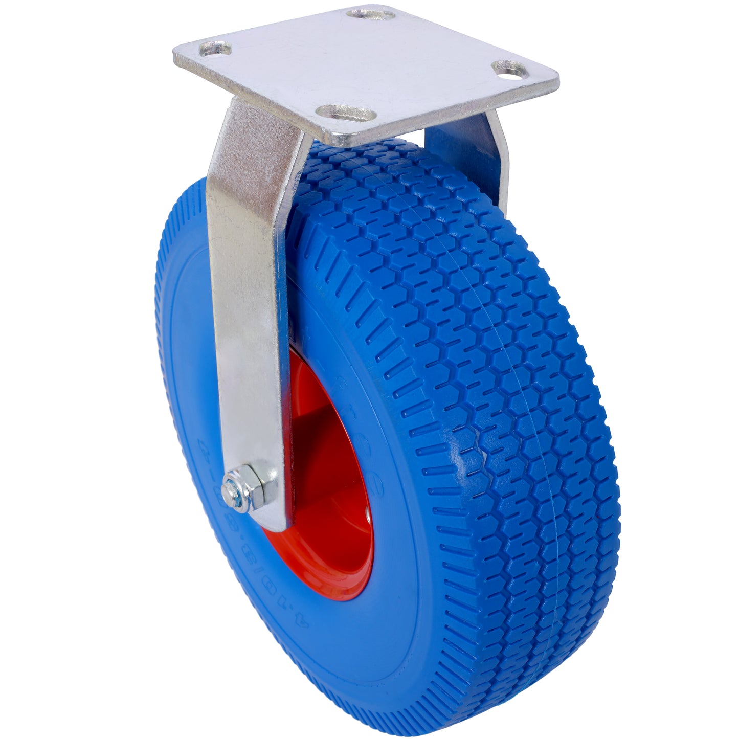 Heavy duty blue caster wheel with red hub and metal mounting plate