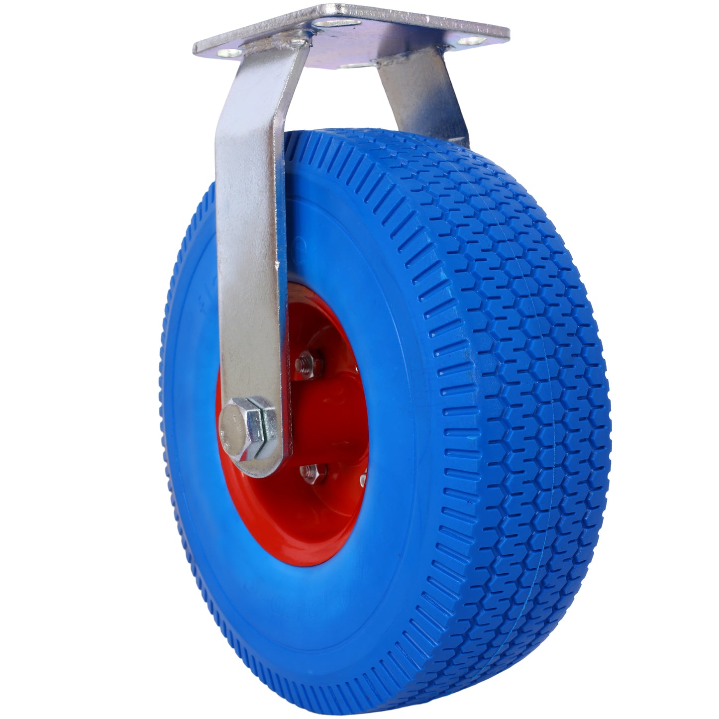 Heavyduty blue pneumatic caster wheel with red rim and steel mounting plate